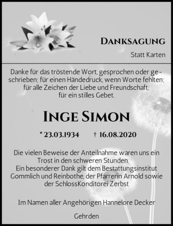Traueranzeige von Inge Simon  von Magdeburger Volksstimme