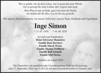 Traueranzeige von Inge Simon  von Magdeburger Volksstimme