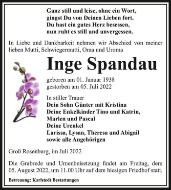 Traueranzeige von Inge Spandau  von Magdeburger Volksstimme