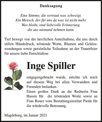 Traueranzeige von Inge Spiller  von Magdeburger Volksstimme