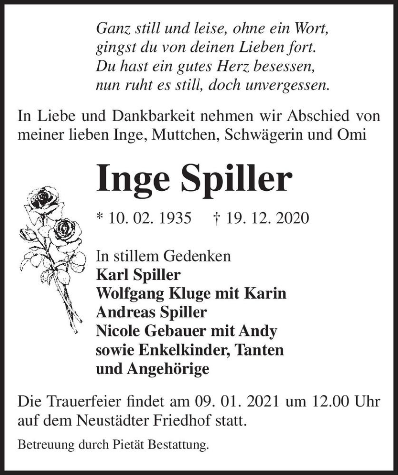  Traueranzeige für Inge Spiller  vom 02.01.2021 aus Magdeburger Volksstimme