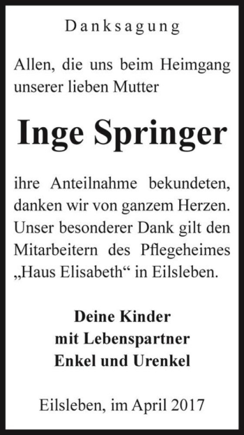 Traueranzeige von Inge Springer  von Magdeburger Volksstimme