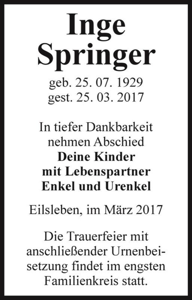 Traueranzeige für Inge Springer  vom 08.04.2017 aus Magdeburger Volksstimme