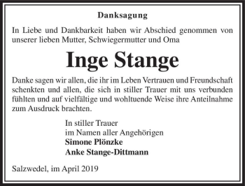 Traueranzeige von Inge Stange  von Magdeburger Volksstimme