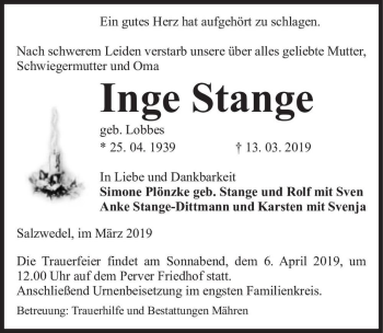 Traueranzeige von Inge Stange (geb. Lobbes)  von Magdeburger Volksstimme