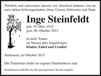 Traueranzeige von Inge Steinfeldt  von Magdeburger Volksstimme