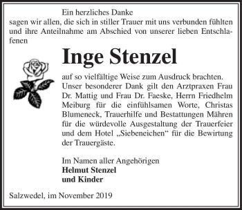 Traueranzeige von Inge Stenzel  von Magdeburger Volksstimme