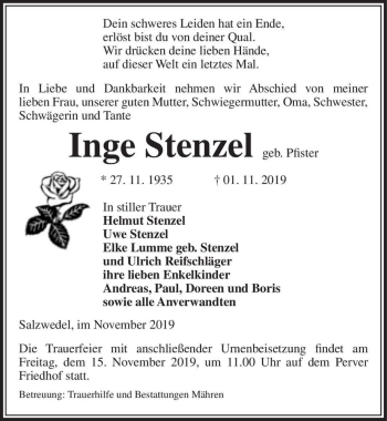 Traueranzeige von Inge Stenzel (geb. Pfister)  von Magdeburger Volksstimme