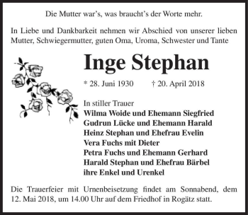 Traueranzeige von Inge Stephan  von Magdeburger Volksstimme