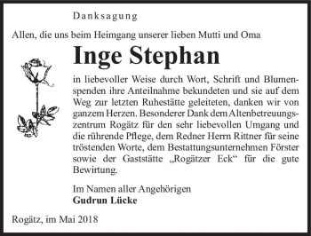 Traueranzeige von Inge Stephan  von Magdeburger Volksstimme