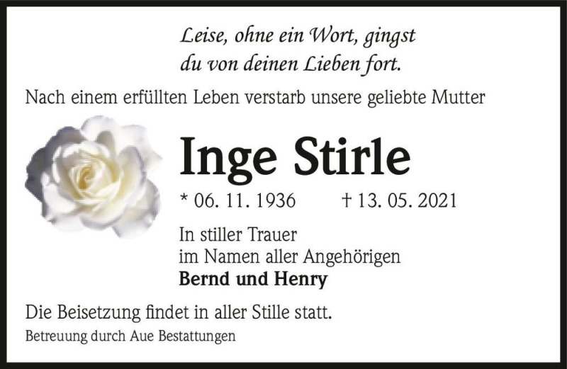  Traueranzeige für Inge Stirle  vom 29.05.2021 aus Magdeburger Volksstimme