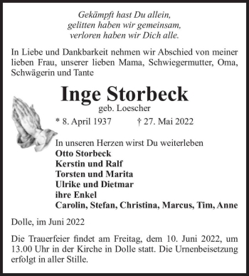 Traueranzeige von Inge Storbeck (geb. Loescher)  von Magdeburger Volksstimme