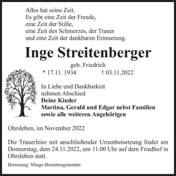 Traueranzeige von Inge Streitenberger (geb. Friedrich)  von Magdeburger Volksstimme