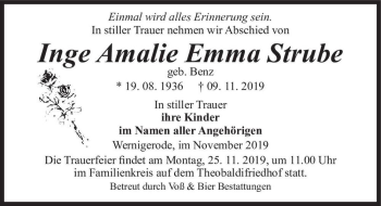 Traueranzeige von Inge Strube (geb. Benz)  von Magdeburger Volksstimme