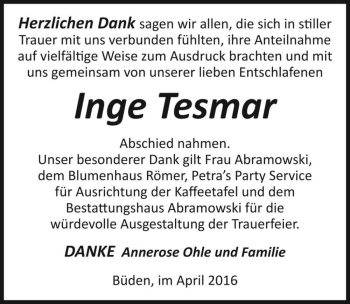 Traueranzeige von Inge Tesmar  von Magdeburger Volksstimme