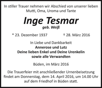 Traueranzeige von Inge Tesmar (geb. Weiß)  von Magdeburger Volksstimme