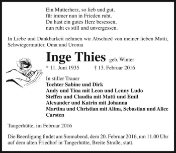 Traueranzeige von Inge Thies (geb. Winter)  von Magdeburger Volksstimme