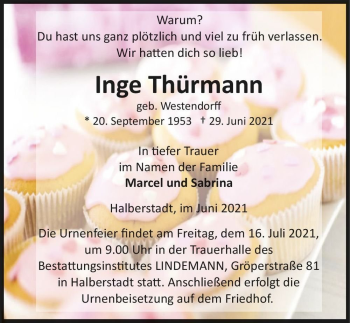 Traueranzeige von Inge Thürmann (geb. Westendorff)  von Magdeburger Volksstimme