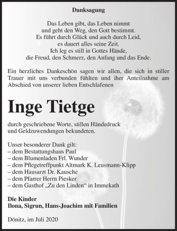 Traueranzeige von Inge Tietge  von Magdeburger Volksstimme
