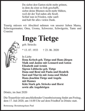 Traueranzeige von Inge Tietge (geb. Striecks)  von Magdeburger Volksstimme