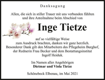 Traueranzeige von Inge Tietze  von Magdeburger Volksstimme