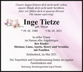 Traueranzeige von Inge Tietze (geb. Meyer)  von Magdeburger Volksstimme
