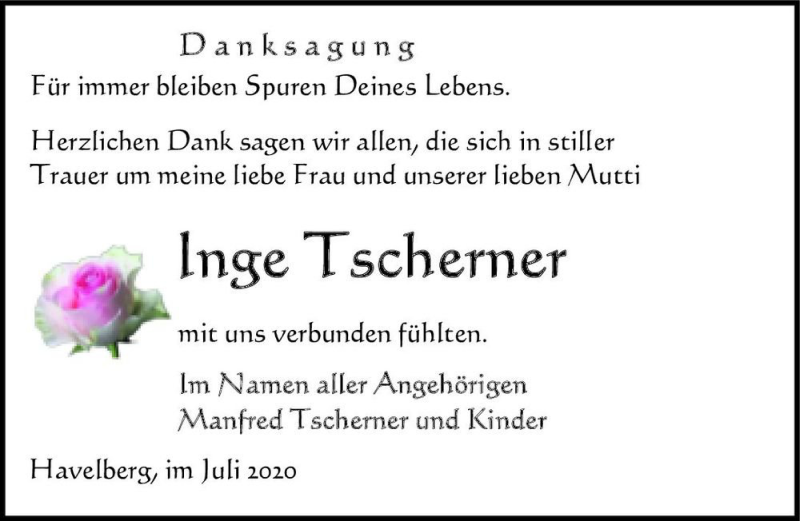  Traueranzeige für Inge Tscherner  vom 21.07.2020 aus Magdeburger Volksstimme