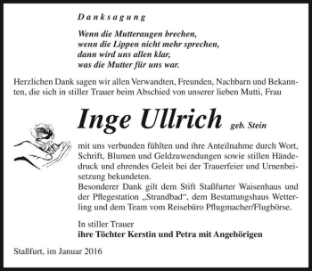 Traueranzeige von Inge Ullrich (geb. Stein)  von Magdeburger Volksstimme