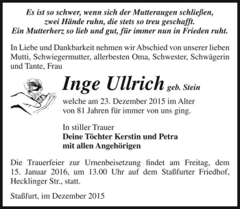 Traueranzeige von Inge Ullrich (geb. Stein)  von Magdeburger Volksstimme