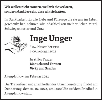 Traueranzeige von Inge Unger  von Magdeburger Volksstimme