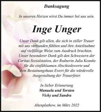 Traueranzeige von Inge Unger  von Magdeburger Volksstimme