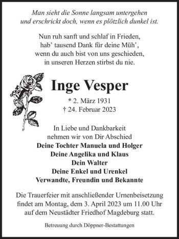 Traueranzeige von Inge Vesper  von Magdeburger Volksstimme
