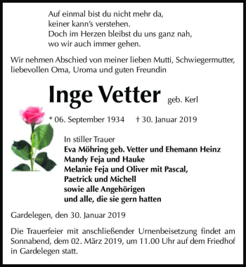Traueranzeige von Inge Vetter (geb. Kerl)  von Magdeburger Volksstimme