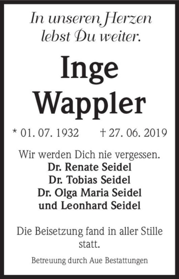 Traueranzeige von Inge Wappler  von Magdeburger Volksstimme