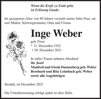 Traueranzeige von Inge Weber (geb. Frost)  von Magdeburger Volksstimme