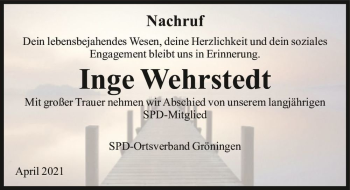 Traueranzeige von Inge Wehrstedt  von Magdeburger Volksstimme