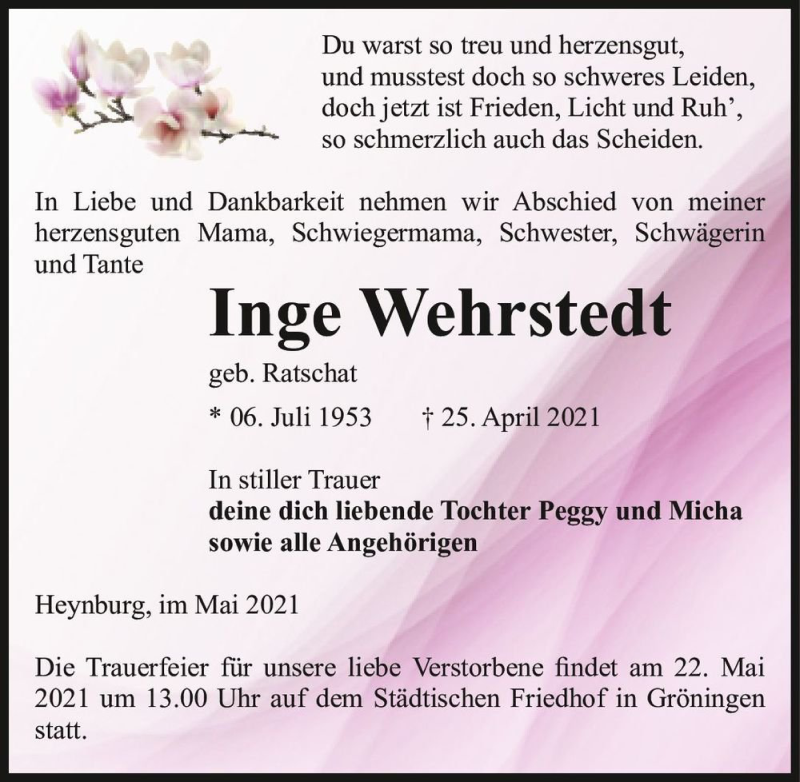  Traueranzeige für Inge Wehrstedt (geb. Ratschat)  vom 08.05.2021 aus Magdeburger Volksstimme