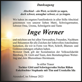 Traueranzeige von Inge Werner  von Magdeburger Volksstimme