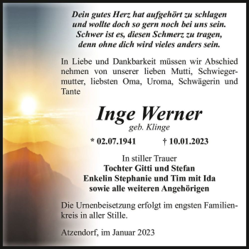 Traueranzeige von Inge Werner (geb. Klinge)  von Magdeburger Volksstimme