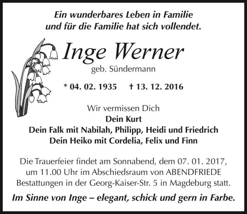  Traueranzeige für Inge Werner (geb. Sündermann)  vom 17.12.2016 aus Magdeburger Volksstimme