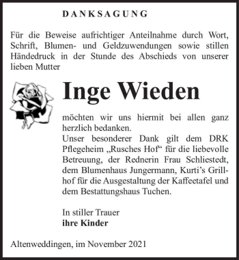 Traueranzeige von Inge Wieden  von Magdeburger Volksstimme