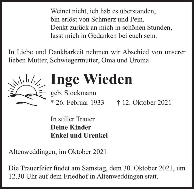  Traueranzeige für Inge Wieden (geb. Stockmann)  vom 16.10.2021 aus Magdeburger Volksstimme