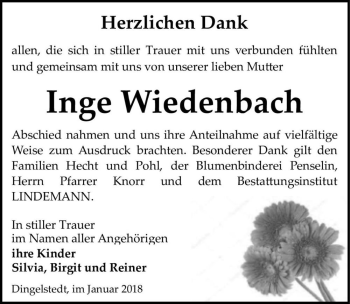 Traueranzeige von Inge Wiedenbach  von Magdeburger Volksstimme