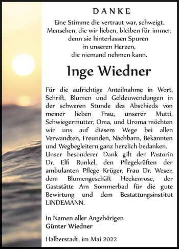 Traueranzeige von Inge Wiedner  von Magdeburger Volksstimme
