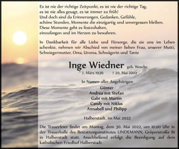 Traueranzeige von Inge Wiedner (geb. Wesche)  von Magdeburger Volksstimme