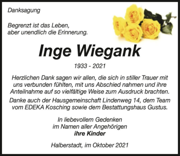 Traueranzeige von Inge Wiegank  von Magdeburger Volksstimme