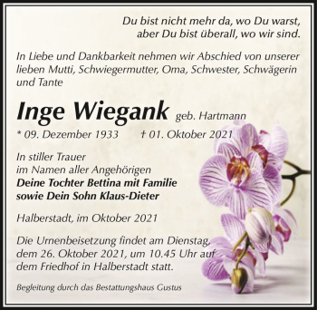 Traueranzeige von Inge Wiegank (geb. Hartmann)  von Magdeburger Volksstimme