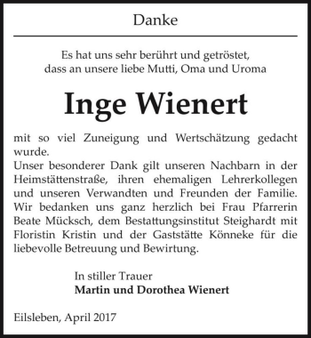 Traueranzeige von Inge Wienert  von Magdeburger Volksstimme