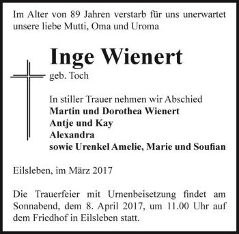 Traueranzeige von Inge Wienert (geb. Toch)  von Magdeburger Volksstimme