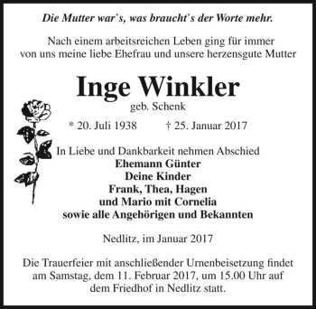 Traueranzeige von Inge Winkler (geb. Schenk)  von Magdeburger Volksstimme